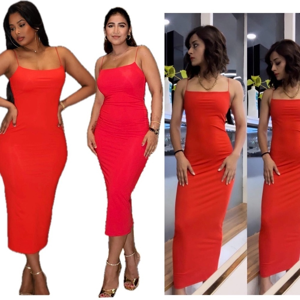 Zara red spaghetti strap stretchy bodycon midi tube dress Sz L NWT